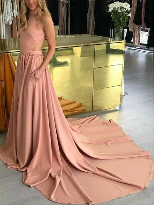 Vestidos de fiesta de corte A con cuello halter, sin mangas y espalda transparente